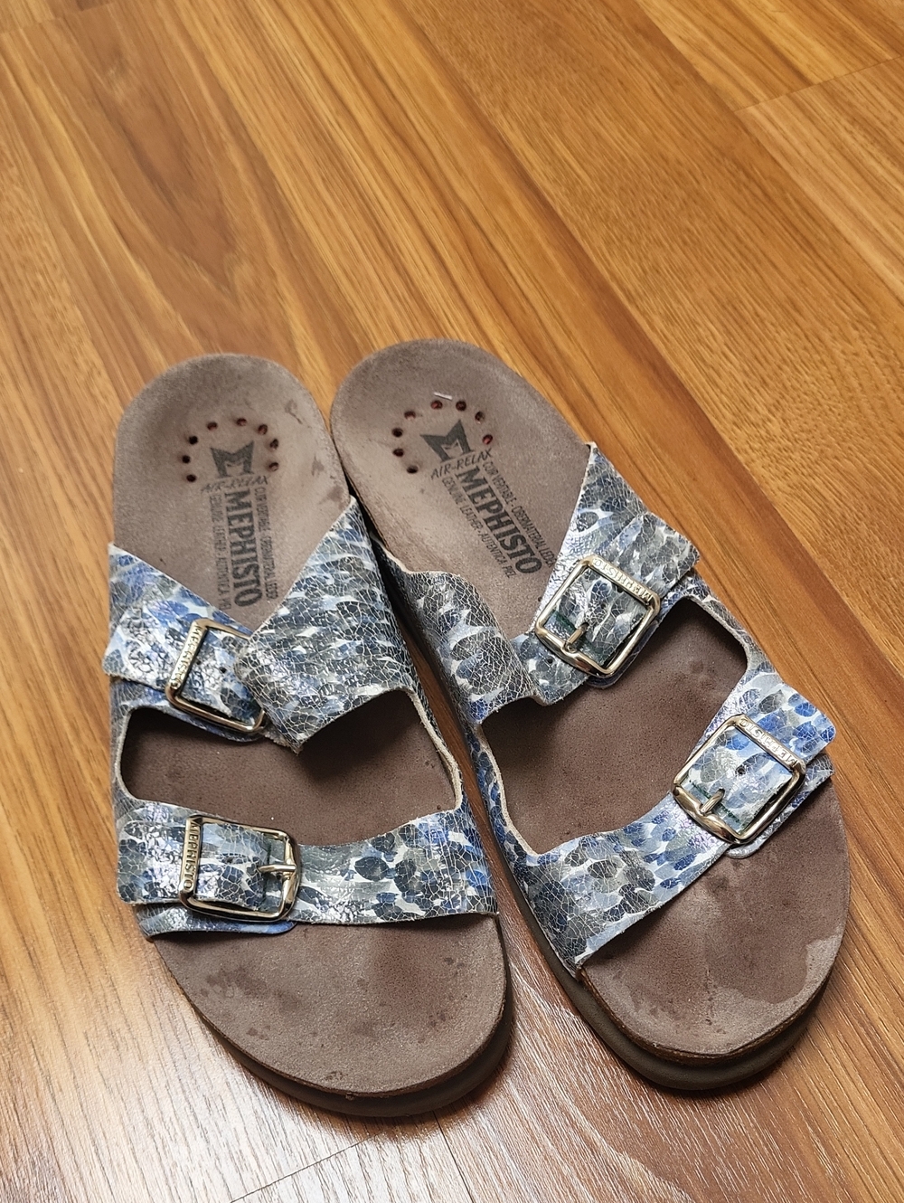 Mephisto Women's Blue Floral Leather Double-Buckle Sandals